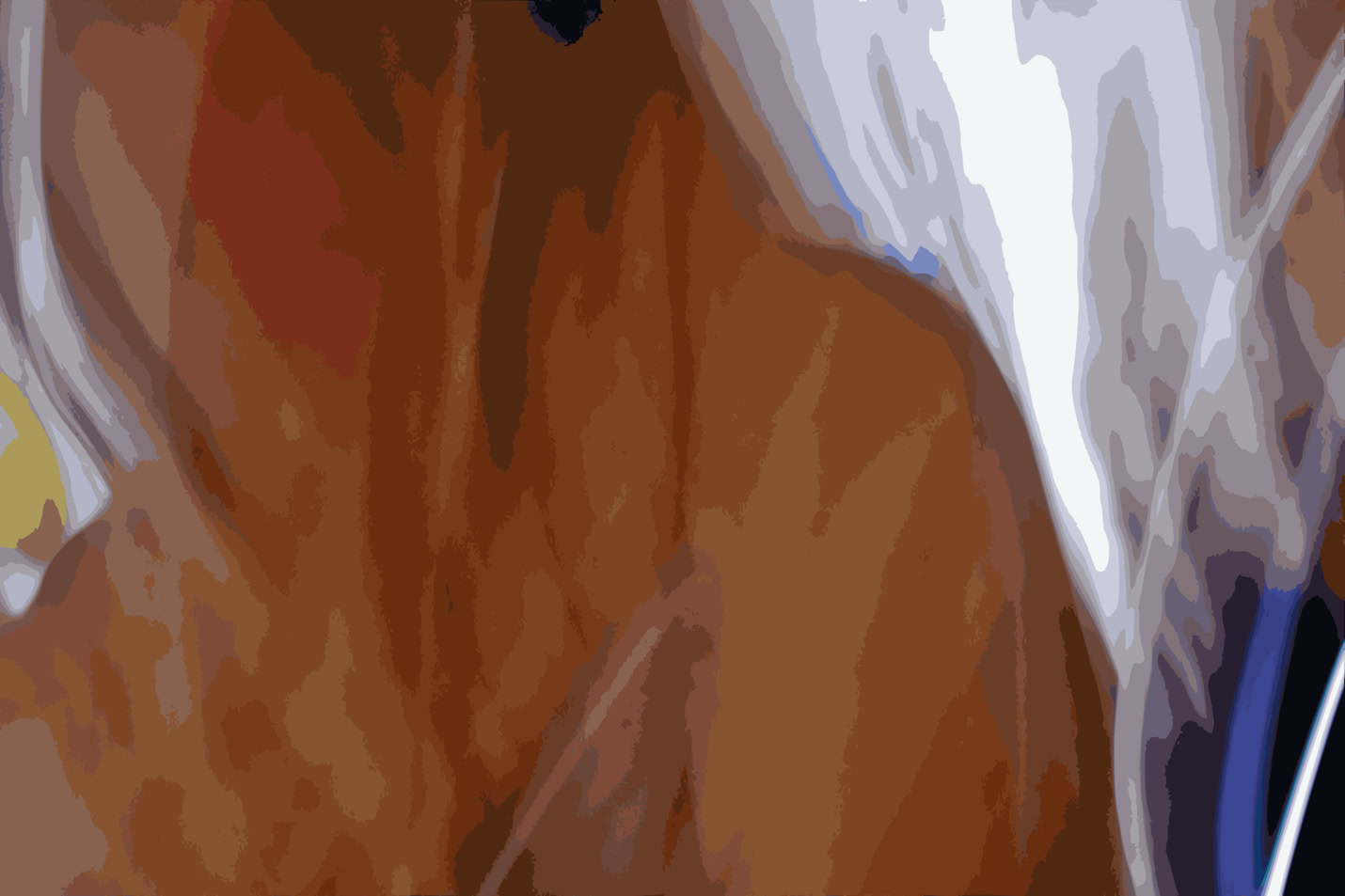 Abstract image of a waitress serving coffee, with shades of brown, white, and hints of blue, featuring smooth, flowing shapes.