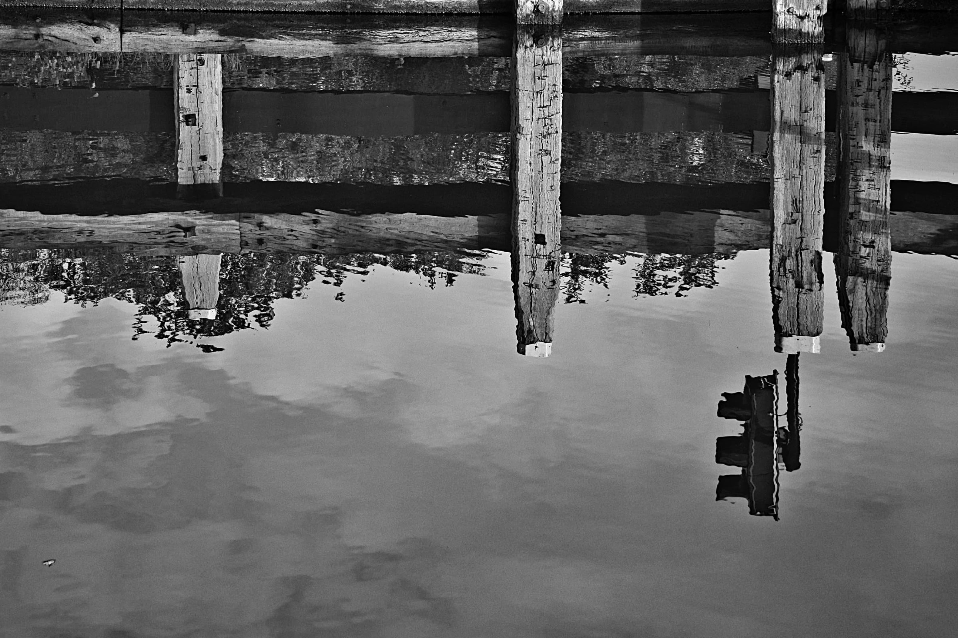 A black and white reflection of a bridge and trees on a body of water.